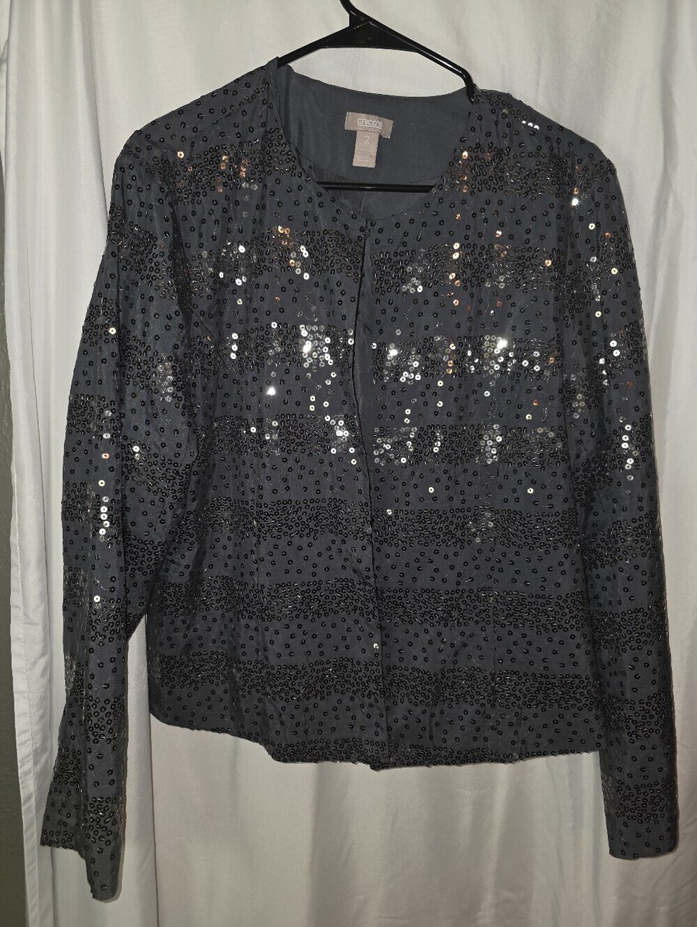 Chico's Charcoal Gray Sequin Striped Jacket Size 2 (US L 12-14) Holiday Sparkle